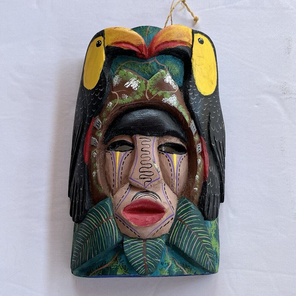 Authentic Hand Carved Wood Colorful Vibrant Decor Costa Rican Boruca Mask